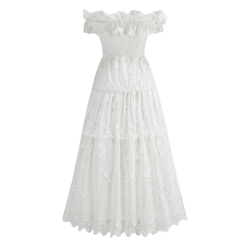 Flowy Ruffled Off Shoulder Smocked Broderie Anglaise Tiered Maxi Dress