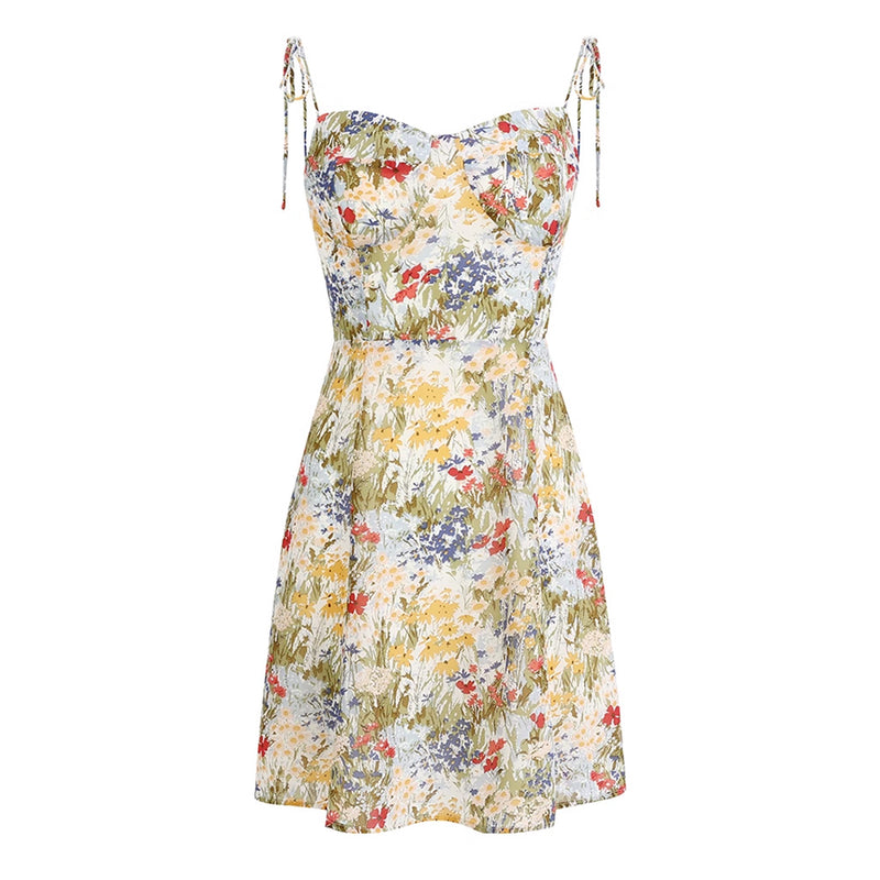 Flowy Sweetheart Neck Tie Strap Sleeveless Chiffon Mini Floral Print Sundress