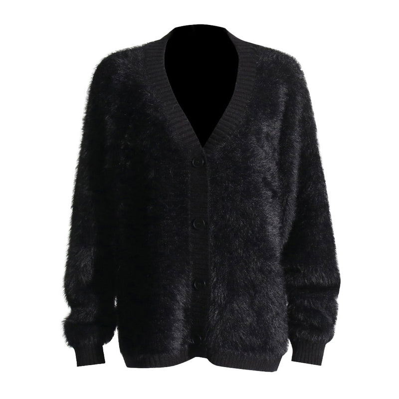 Fluffy Texture Ribbed Knit V Neck Button Up Long Sleeve Oversized Cardigan