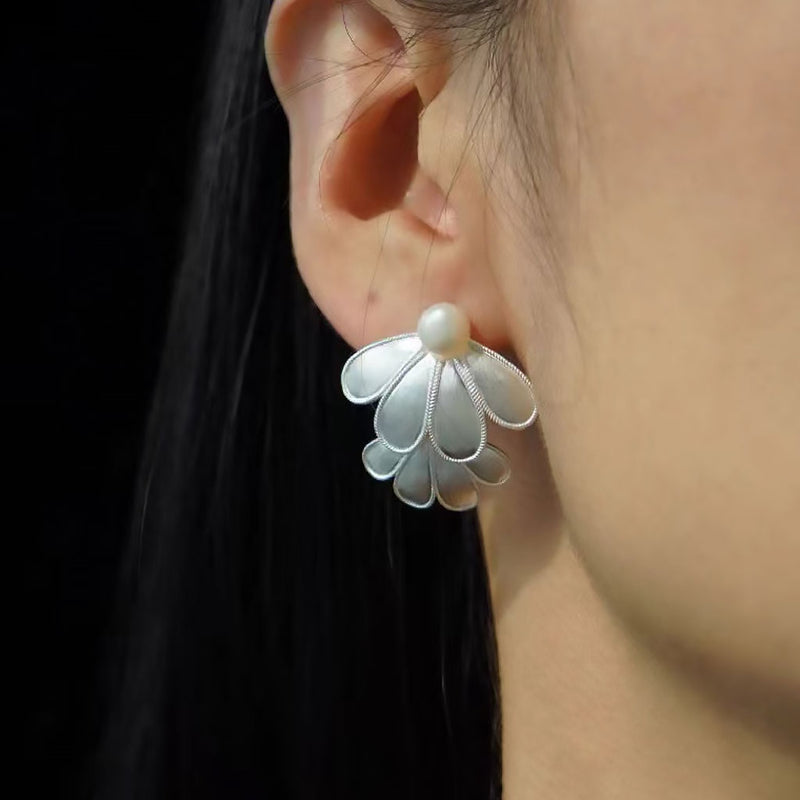 FOR YOU IN FULL BLOSSOM Pearl Brushed Layered Petal Stud Earrings