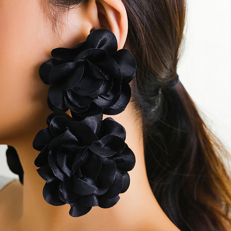 FOR YOU IN FULL BLOSSOM Silky Satin Double Rosette Drop Earrings