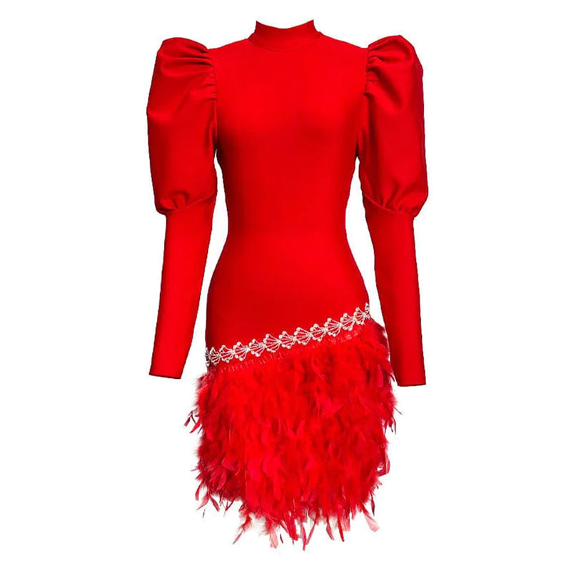 Formal Crystal Feather Trim Leg of Mutton Sleeve Bandage Bodycon Mini Dress