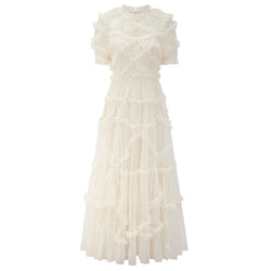 French Style Frill Neck Short Sleeve A Line Dotted Ruffle Tulle Tiered Maxi Dress