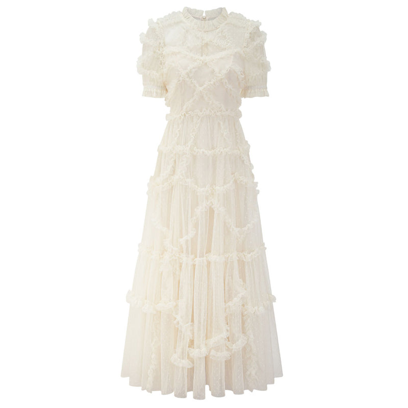 French Style Frill Neck Short Sleeve A Line Dotted Ruffle Tulle Tiered Maxi Dress