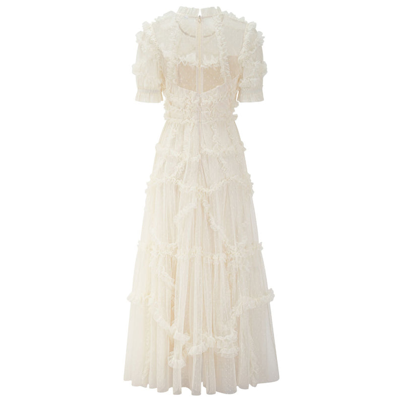 French Style Frill Neck Short Sleeve A Line Dotted Ruffle Tulle Tiered Maxi Dress