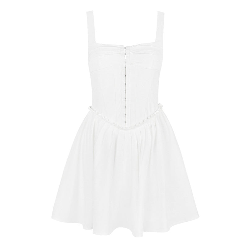 French Style Pleated Bustier Hook & Eye Drop Waist Flared Mini Sundress