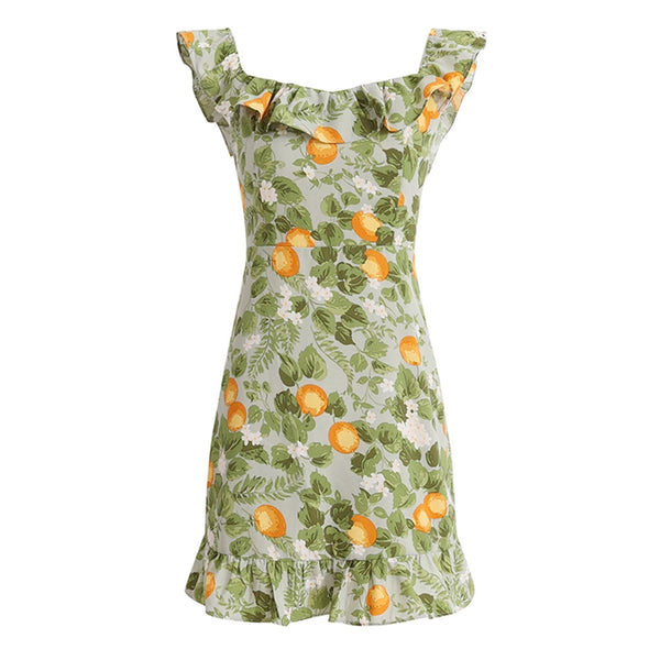 French Style Ruffle Scoop Neck Smocked Sleeveless Fruit Print Mini Sundress