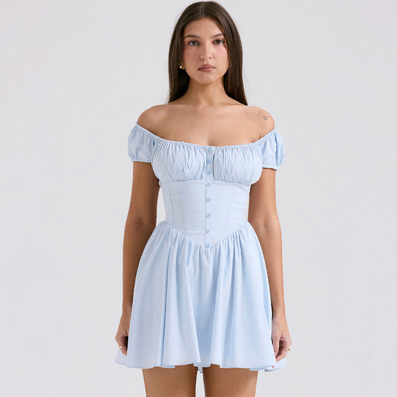 French Style Square Neck Short Sleeve Corset Drop Waist Mini Party Dress