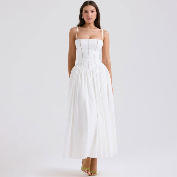 French Style Square Neck Spaghetti Strap Gathered Drop Waist Midi Sundress