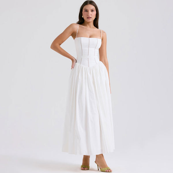 French Style Square Neck Spaghetti Strap Gathered Drop Waist Midi Sundress