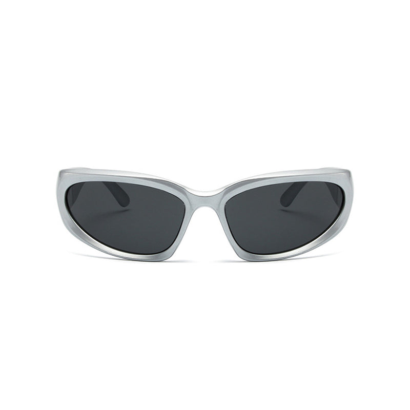 Futuristic Metallic Effect Color Block Tinted Oval Wrap Sunglasses