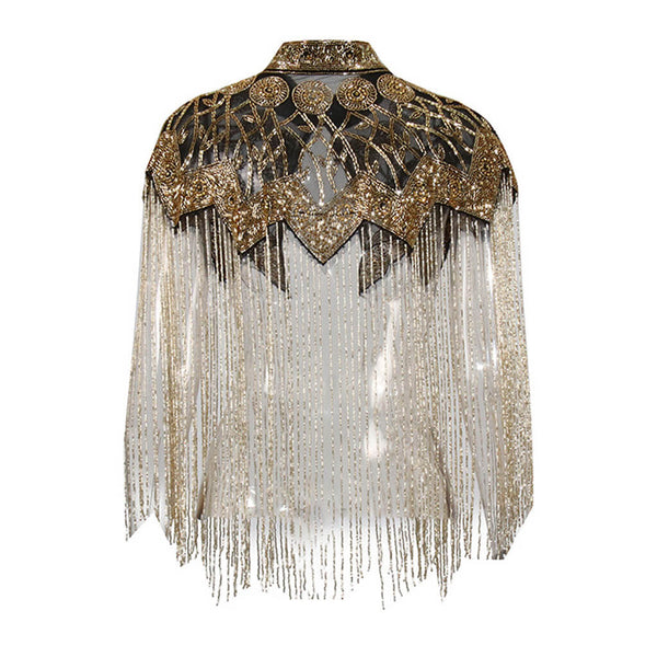 Gatsby Style 20s Metallic Beaded Fringe High Neck Embellished Mesh Cape