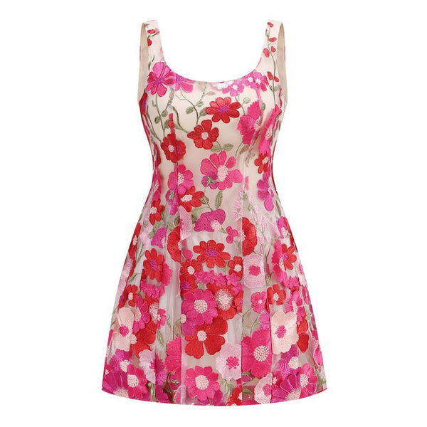 Girlish Floral Embroidered Sleeveless A Lined Tulle Micro Mini Sundress