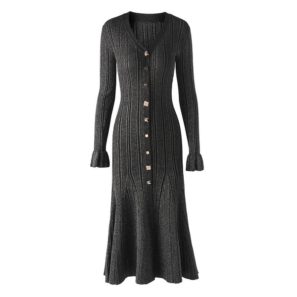 Glitter Lurex V Neck Button Up Long Sleeve Ribbed Knit Fishtail Sweater Midi Dress