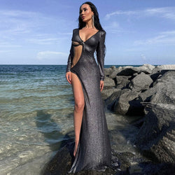 Glitter Metallic Lurex V Neck Long Sleeve Cutout Backless Split Maxi Gown Dress