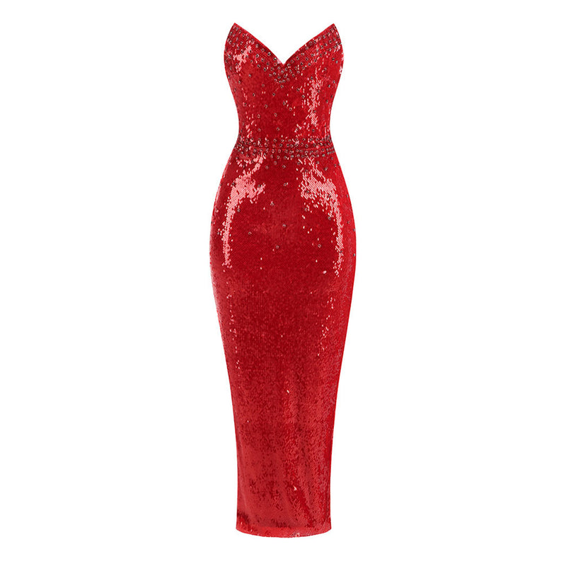 Glitter Strapless Crystal & Sequin Embellished Sheath Midi Cocktail Dress