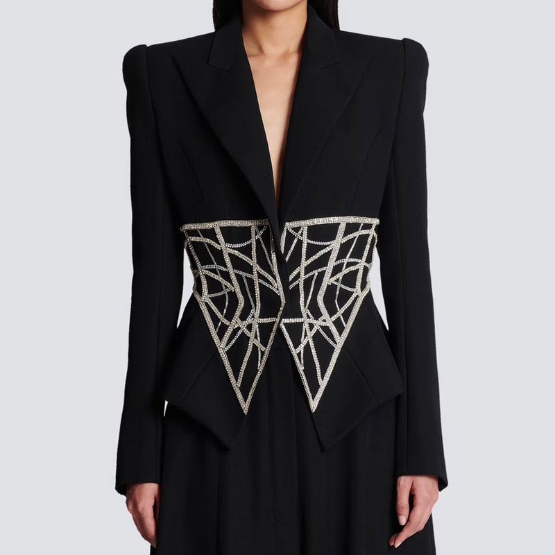 Glittered Crystal Corset Trim Peak Lapel Long Sleeve One Button Tailored Blazer