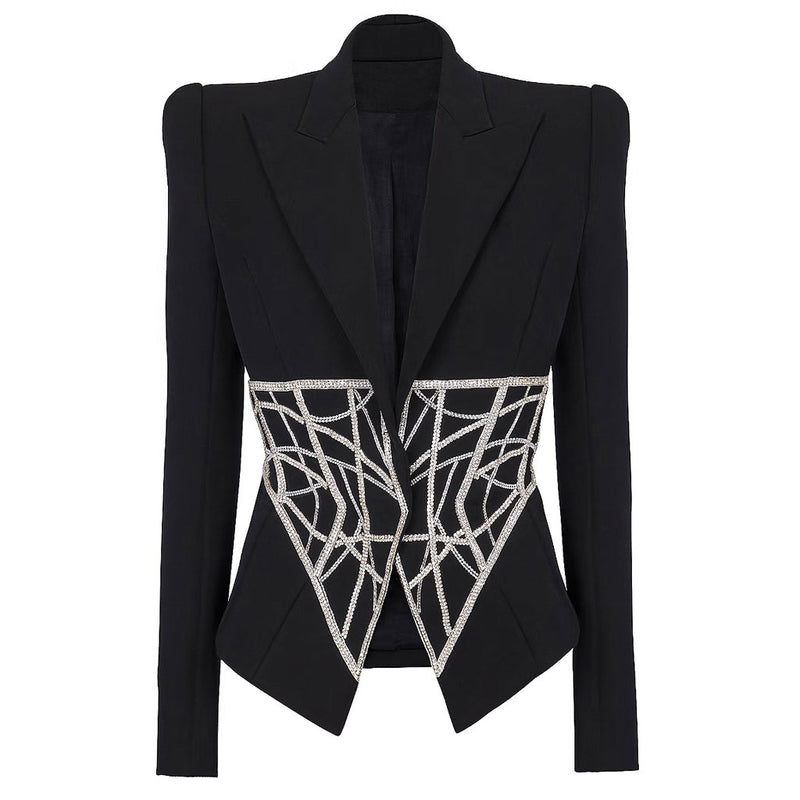 Glittered Crystal Corset Trim Peak Lapel Long Sleeve One Button Tailored Blazer