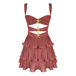 Glittering Lurex Starfish Cutout Pleated Ruffle Tiered Vacation Mini Sundress