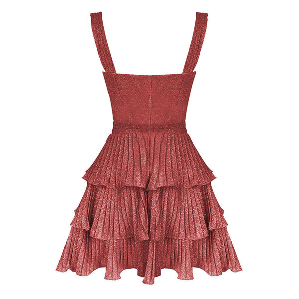 Glittering Lurex Starfish Cutout Pleated Ruffle Tiered Vacation Mini Sundress