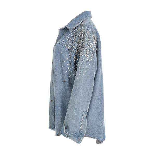 Glittering Rhinestone Long Sleeve Collared Button Front Oversized Denim Shirt