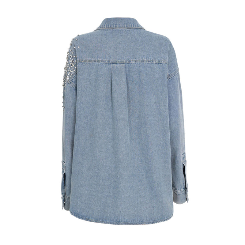 Glittering Rhinestone Long Sleeve Collared Button Front Oversized Denim Shirt