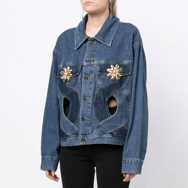 Golden Flower Corsage Contrast Cutout Heart Patchwork Button Up Denim Jacket