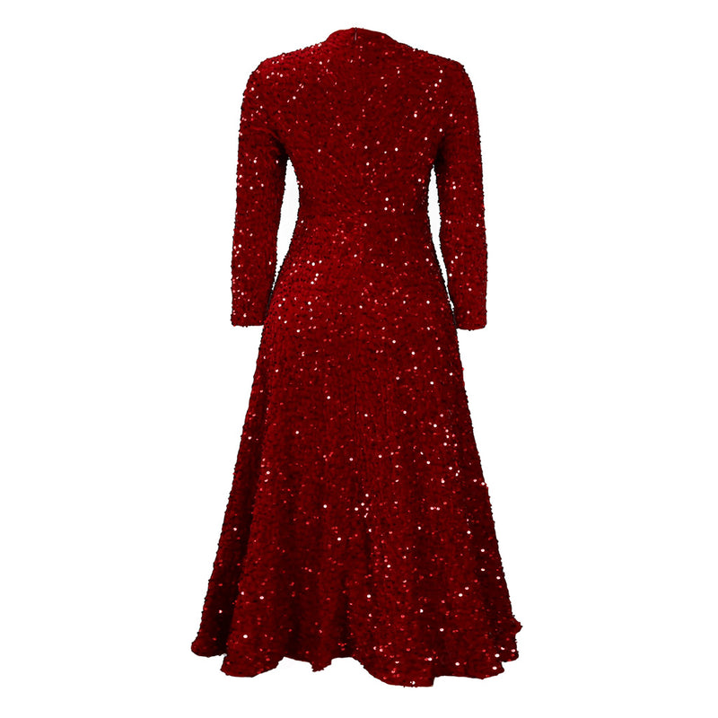 Gorgeous Crew Neck Long Sleeve Fit & Flare Sequin Velvet Midi Cocktail Dress