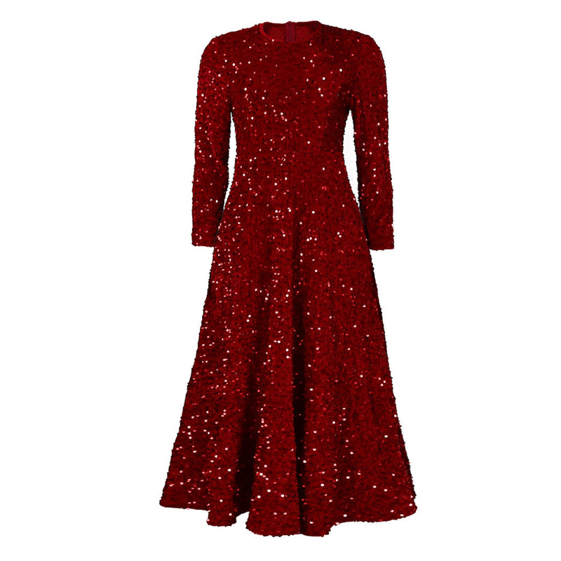 Gorgeous Crew Neck Long Sleeve Fit & Flare Sequin Velvet Midi Cocktail Dress