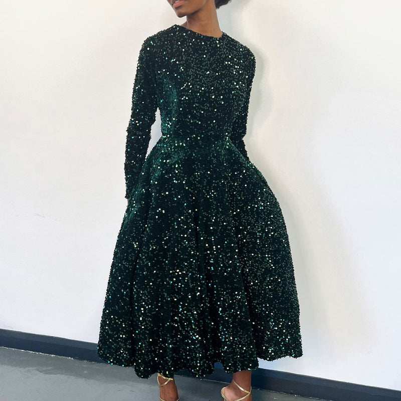 Gorgeous Crew Neck Long Sleeve Fit & Flare Sequin Velvet Midi Cocktail Dress