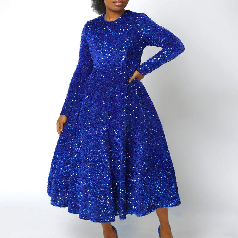 Gorgeous Crew Neck Long Sleeve Fit & Flare Sequin Velvet Midi Cocktail Dress