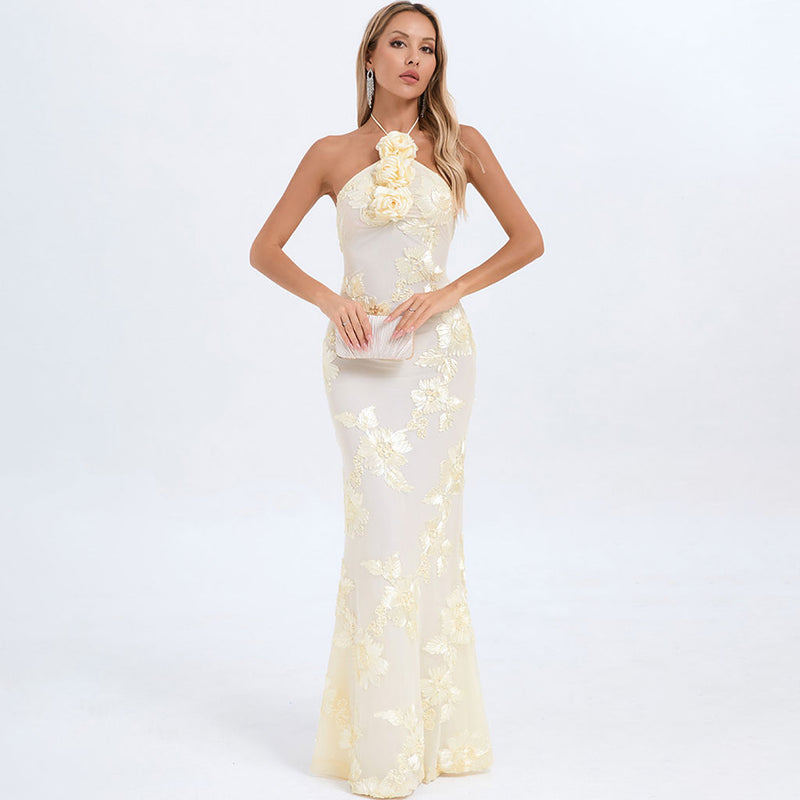 Gorgeous Rosette Halter Tie Floral Embroidered Mermaid Maxi Evening Dress