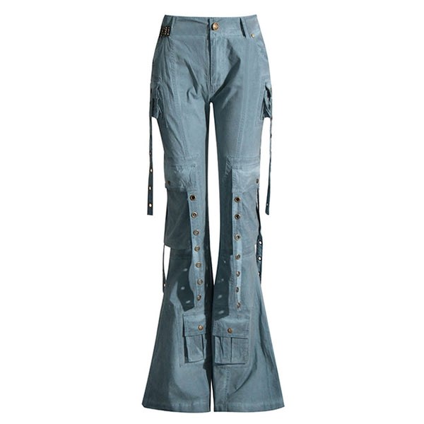 Gothic Low Rise Metallic Grommet Multi Cargo Pocket Flared Denim Jeans