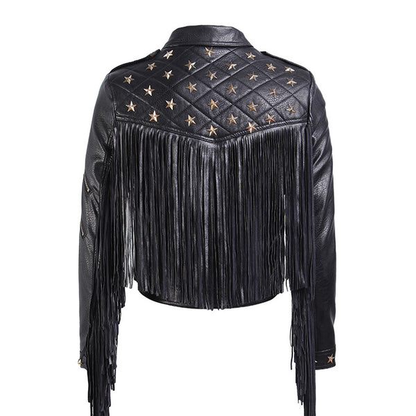 Gothic Metal Star Stud Zip Up Long Sleeve Fringe Vegan Leather Biker Jacket