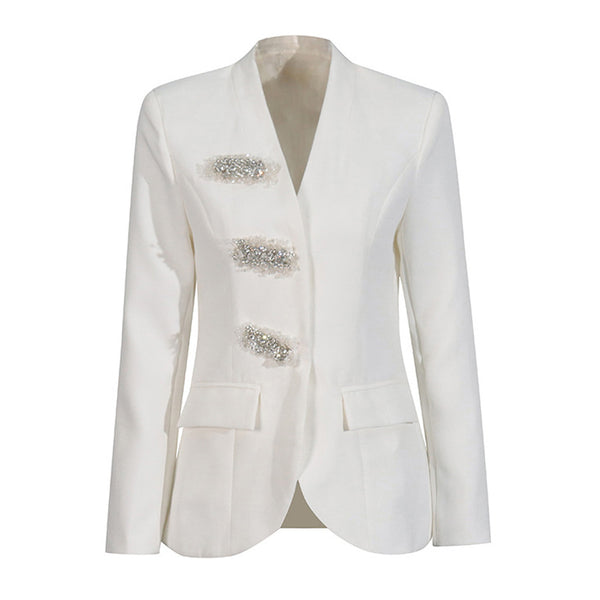 Graceful Collarless Crystal Embellished Long Sleeve Cinch Waist Blazer