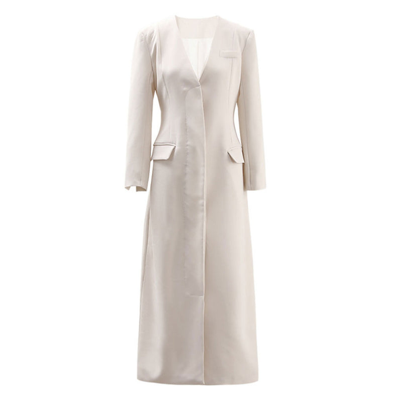 Graceful Collarless Single Breasted Strong Shoulder Long Tailored Coat