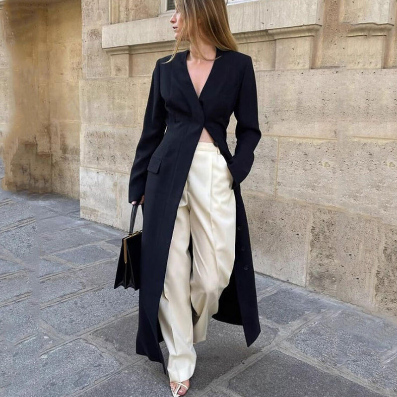 Graceful Collarless Single Breasted Strong Shoulder Long Tailored Coat