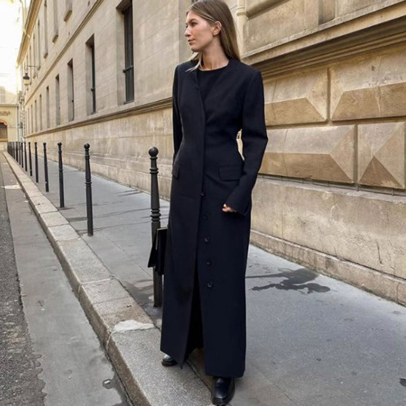 Graceful Collarless Single Breasted Strong Shoulder Long Tailored Coat