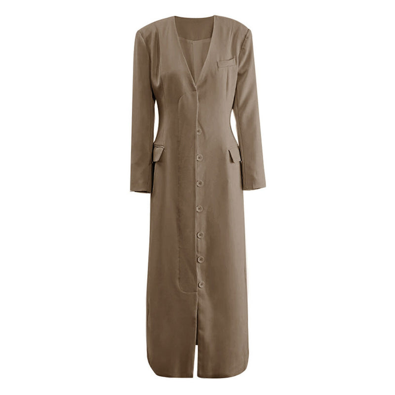 Graceful Collarless Single Breasted Strong Shoulder Long Tailored Coat