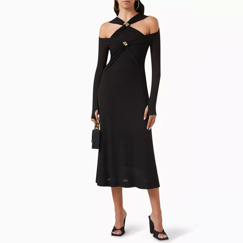 Graceful Metallic Accent V Neck Ruched Cutout Long Sleeve Sweater Midi Dress