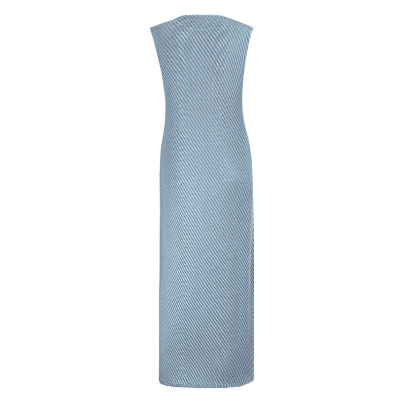 Graceful Round Neck Sleeveless Scale Effect Pleated Shift Midi Dress