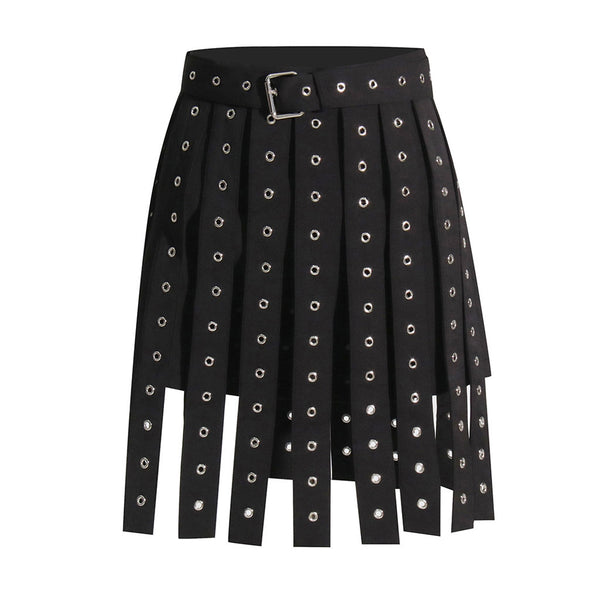 Grunge Solid Grommet Eyelet Strappy Buckle Belted A Line Skirt