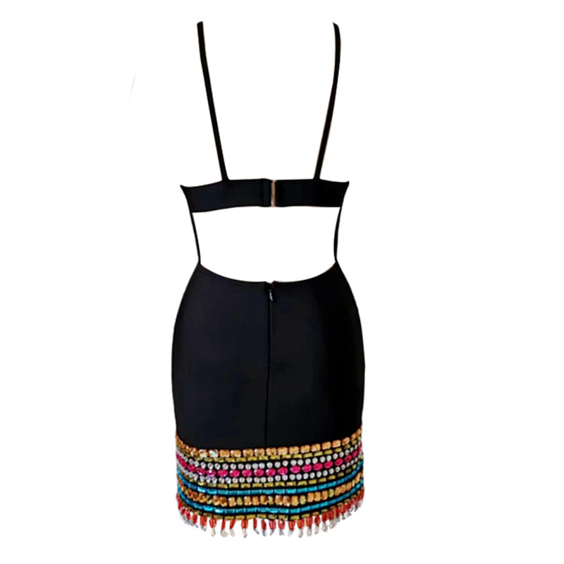 Iridescent Diamante Plunge Neck Cutout Fringe Bodycon Bandage Mini Dress