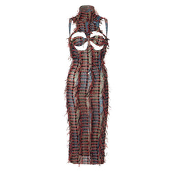 Jungle Cutout Bra Backless Smocked Bodycon Fringe Sheer Mesh Midi Dress