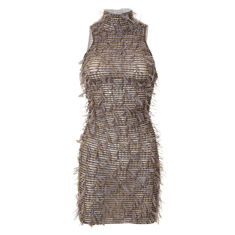 Jungle High Neck Sleeveless Shirred Bodycon Fringe Sheer Mesh Mini Dress