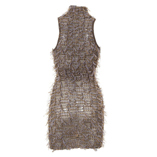 Jungle High Neck Sleeveless Shirred Bodycon Fringe Sheer Mesh Mini Dress