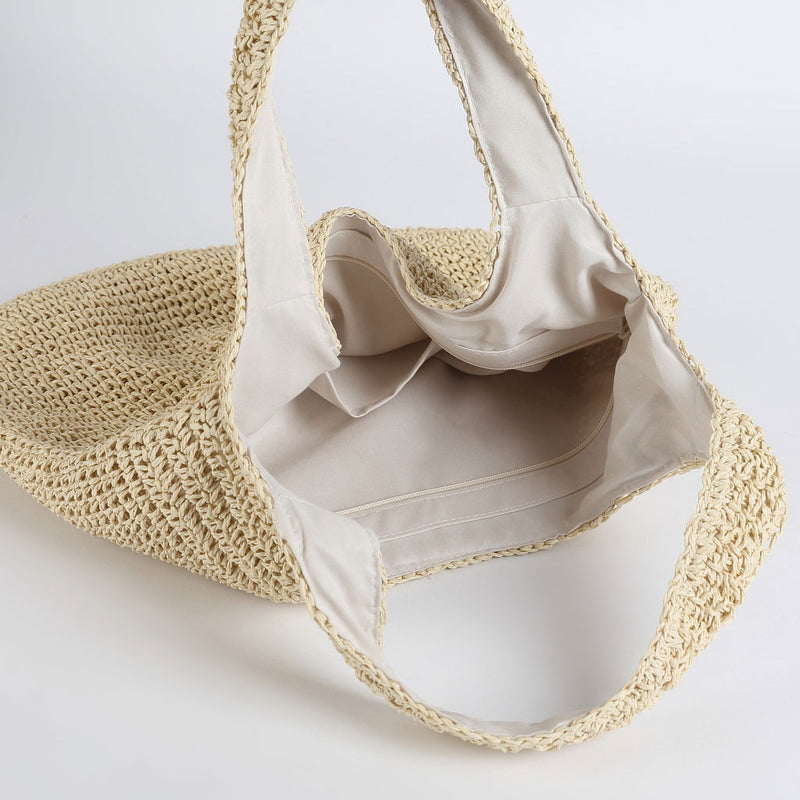 Laid Back Slouchy Textured Large Capacity Lined Crochet Raffia Straw Tote Bag