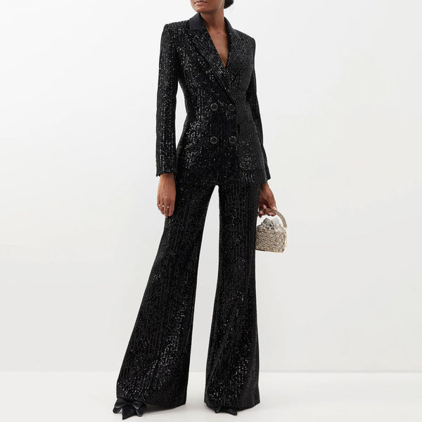 Lavish Flare Suit Pant Peak Lapel Double Breasted Sequin Blazer Matching Set