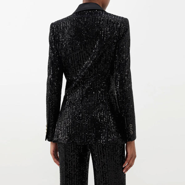 Lavish Flare Suit Pant Peak Lapel Double Breasted Sequin Blazer Matching Set