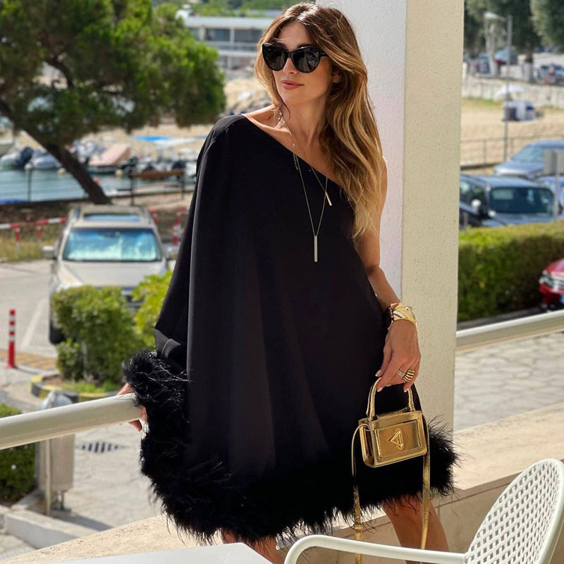 Lavish One Shoulder Cape Style A Line Layered Faux Feather Mini Dress